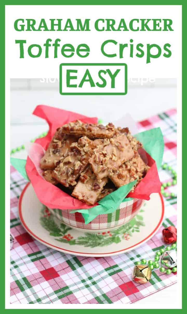 Graham cracker toffee crisps are an easy sweet and crunchy, 5 ingredient treat. Graham crackers are covered in a buttery, caramel toffee then sprinkled with crunchy pecans. They are a delicious homemade treat to add to your holiday baking and cookie exchange!