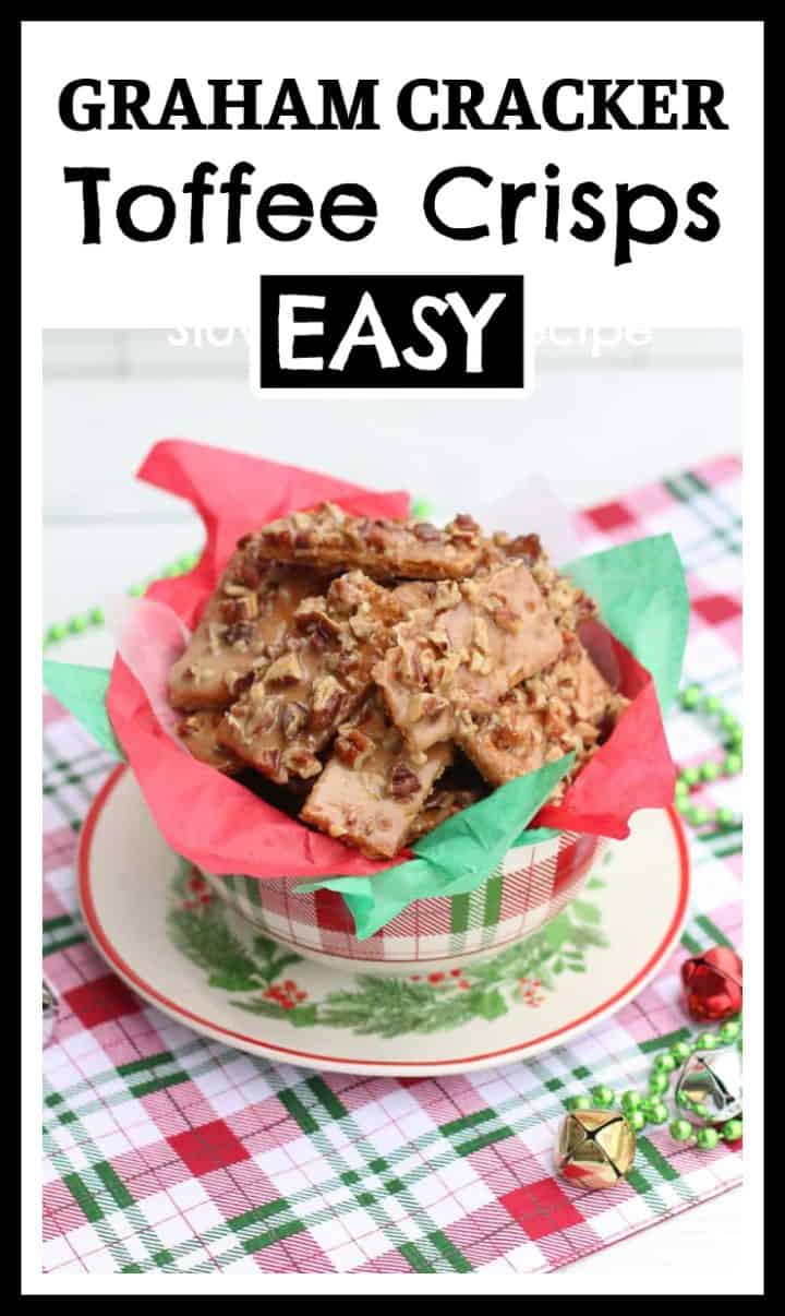 Graham cracker toffee crisps are an easy sweet and crunchy, 5 ingredient treat. Graham crackers are covered in a buttery, caramel toffee then sprinkled with crunchy pecans. They are a delicious homemade treat to add to your holiday baking and cookie exchange!