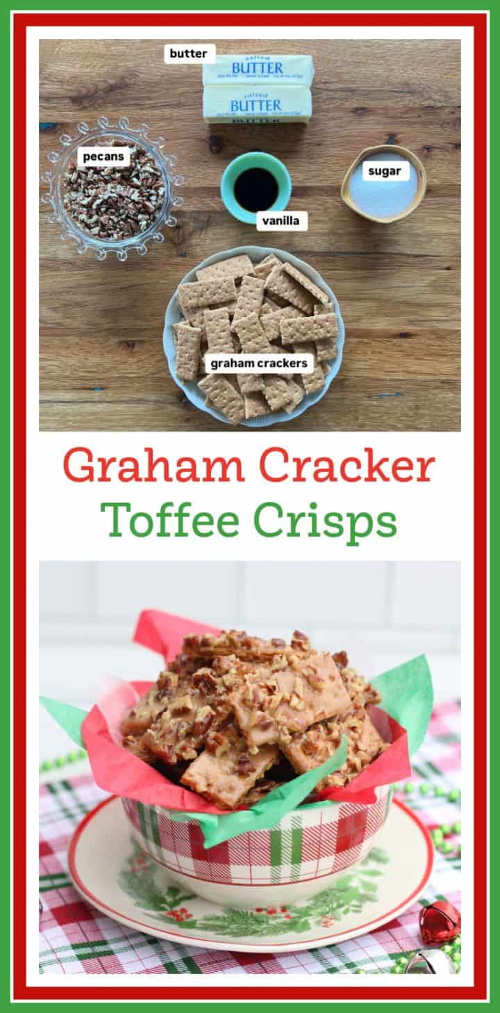 Graham cracker toffee crisps are an easy sweet and crunchy, 5 ingredient treat. Graham crackers are covered in a buttery, caramel toffee then sprinkled with crunchy pecans. They are a delicious homemade treat to add to your holiday baking and cookie exchange!