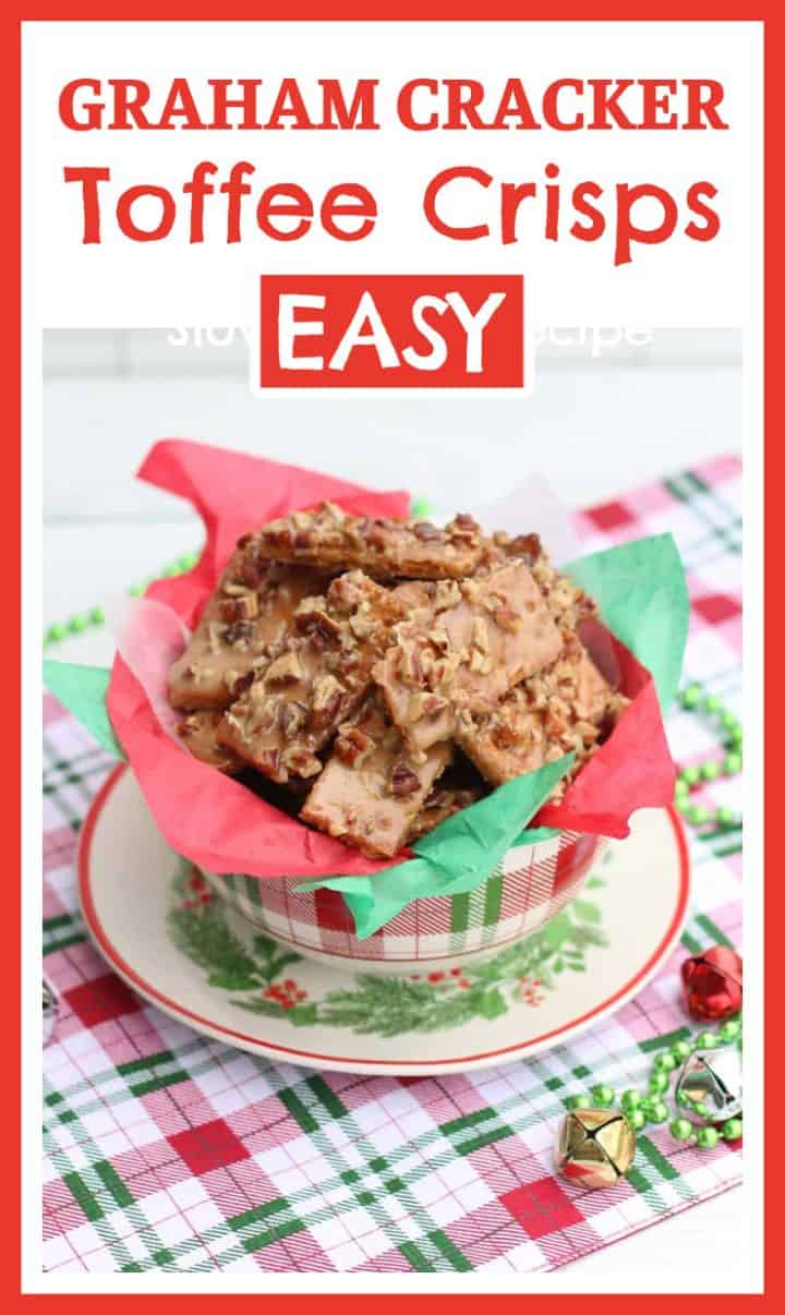Graham cracker toffee crisps are an easy sweet and crunchy, 5 ingredient treat. Graham crackers are covered in a buttery, caramel toffee then sprinkled with crunchy pecans. They are a delicious homemade treat to add to your holiday baking and cookie exchange!
