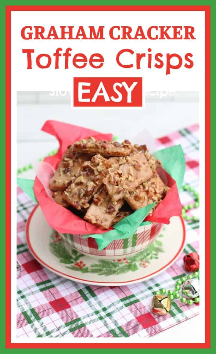 Graham cracker toffee crisps are an easy sweet and crunchy, 5 ingredient treat. Graham crackers are covered in a buttery, caramel toffee then sprinkled with crunchy pecans. They are a delicious homemade treat to add to your holiday baking and cookie exchange!